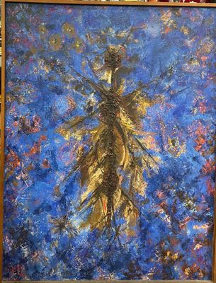 a painting of a person standing in front of a blue sky