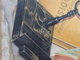 a painting of a book and a key on a table
