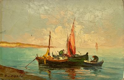 une peinture représentant un bateau sur un plan d'eau