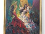 an oil painting of a woman in a red dress is hanging on a wall