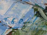 a painting of a boat on the water with a sky background