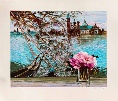 une peinture de fleurs dans un vase sur le rebord d'une fenêtre