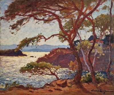 a painting of a tree by the water with a house in the background