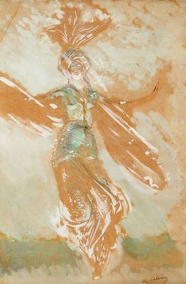 un tableau représentant une femme tenant un cerf-volant en l'air