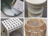 several different pictures of a table with a clock and a stool