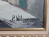 a painting of a man sitting on a bench in front of a building