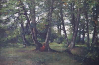 un tableau représentant une femme assise sous un arbre dans les bois