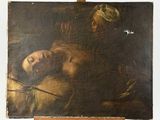 painting of a woman laying on a man ' s back on a easel