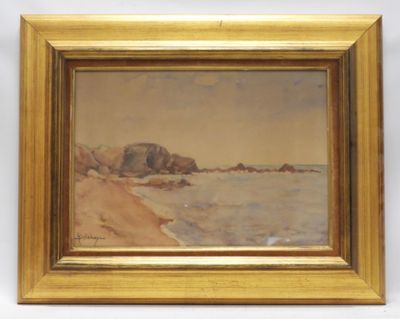 une peinture à l'huile représentant une scène de plage avec des rochers dans l'eau