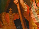 painting of a portrait of a man in a red coat holding a cane
