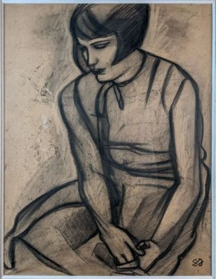 drawing of a woman sitting on a chair with her hands on her knees