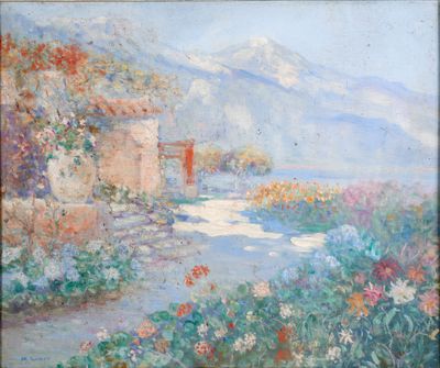 une peinture à l'huile représentant un jardin avec des fleurs et une montagne en arrière-plan