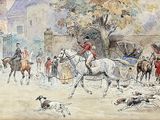 tableau représentant un groupe d'hommes à cheval accompagnés de chiens devant un bâtiment