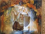 a painting of a pirate ship in the middle of the ocean