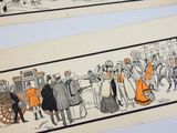 two pictures of people walking down the street with a horse drawn carriage