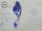 drawing of a woman ' s face on a piece of paper with a stamp