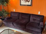 a living room with a couch, chair, coffee table and plant in it