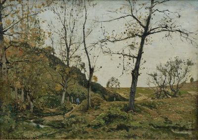une image représentant une peinture d'une zone boisée, avec des arbres au premier plan et une colline à l'arrière-plan