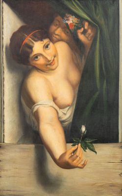 une image représentant un tableau d'une femme tenant une fleur à la main