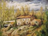 an oil painting of a farm scene with a dirt road in the foreground