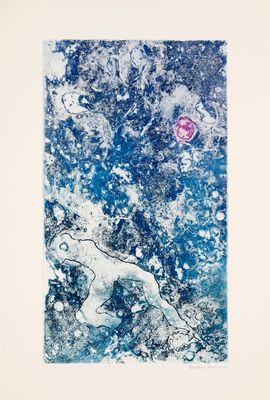 an image of a blue and white painting with a pink flower