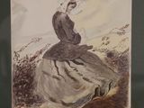 an old picture of a woman sitting on a rock in a dress