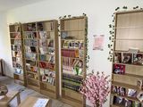 bookshelves in a living room filled with lots of books and magazines
