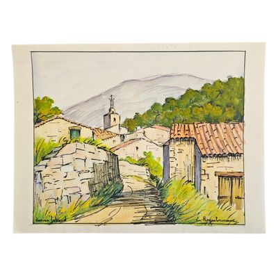 tableau représentant un village avec un clocher et un autre clocher au loin