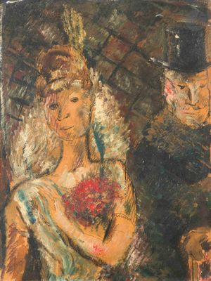 an image of a painting of a woman in a dress and a man in a top hat