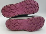 the soles of a pair of purple shoes on a white surface