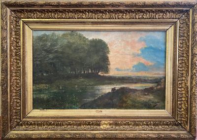 une peinture à l'huile représentant un paysage avec des arbres et une rivière