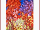 une peinture représentant une peinture d'un sentier bordé d'arbres en automne