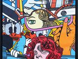 painting of a woman driving a car with donald duck and donald duck in the background