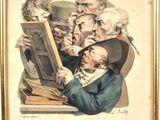 an old painting of a group of people looking at a picture