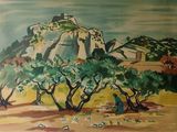 un tableau représentant une femme assise sous un arbre dans le désert