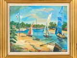 un tableau représentant des voiliers sur la plage, au bord de l'eau