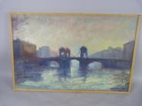 an oil painting of a bridge over a river with buildings in the background