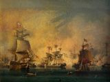 une image représentant un tableau d'une bataille navale avec des navires sur l'eau