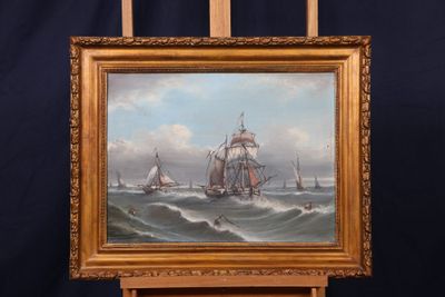 peinture sur chevalet représentant un voilier en pleine mer agitée