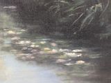 a painting of water lillies in a pond of water