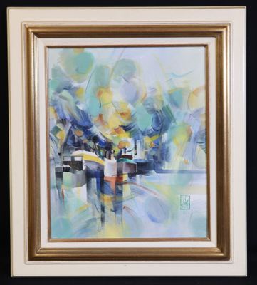 an oil painting of a cityscape in a gold frame on a black wall