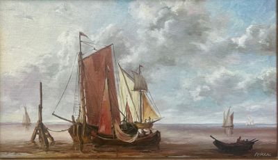 un tableau représentant un bateau sur la plage, avec d'autres bateaux dans l'eau