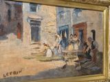 a painting of a group of people outside of a building