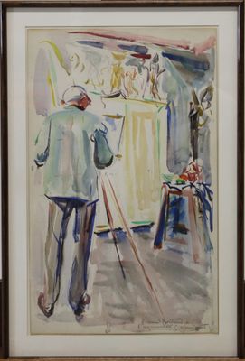 framed watercolor painting of a man painting a picture in a studio