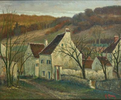 une image d'un tableau représentant un village sur une colline
