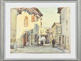 an image of a painting of a street scene with people walking down the street
