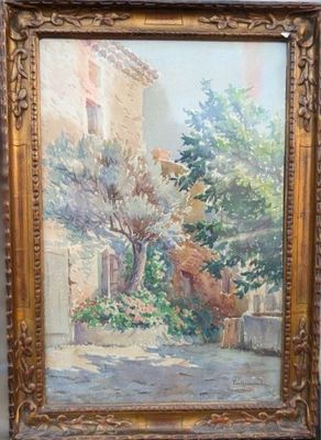 l'image d'une peinture représentant une scène de rue avec un bâtiment en arrière-plan