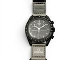 a close up of a watch on a white surface with a black strap