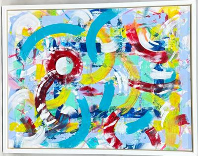 peinture abstraite aux couleurs bleue, jaune, rouge et blanche