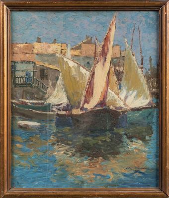 tableau représentant des voiliers dans un port, avec des bâtiments en arrière-plan